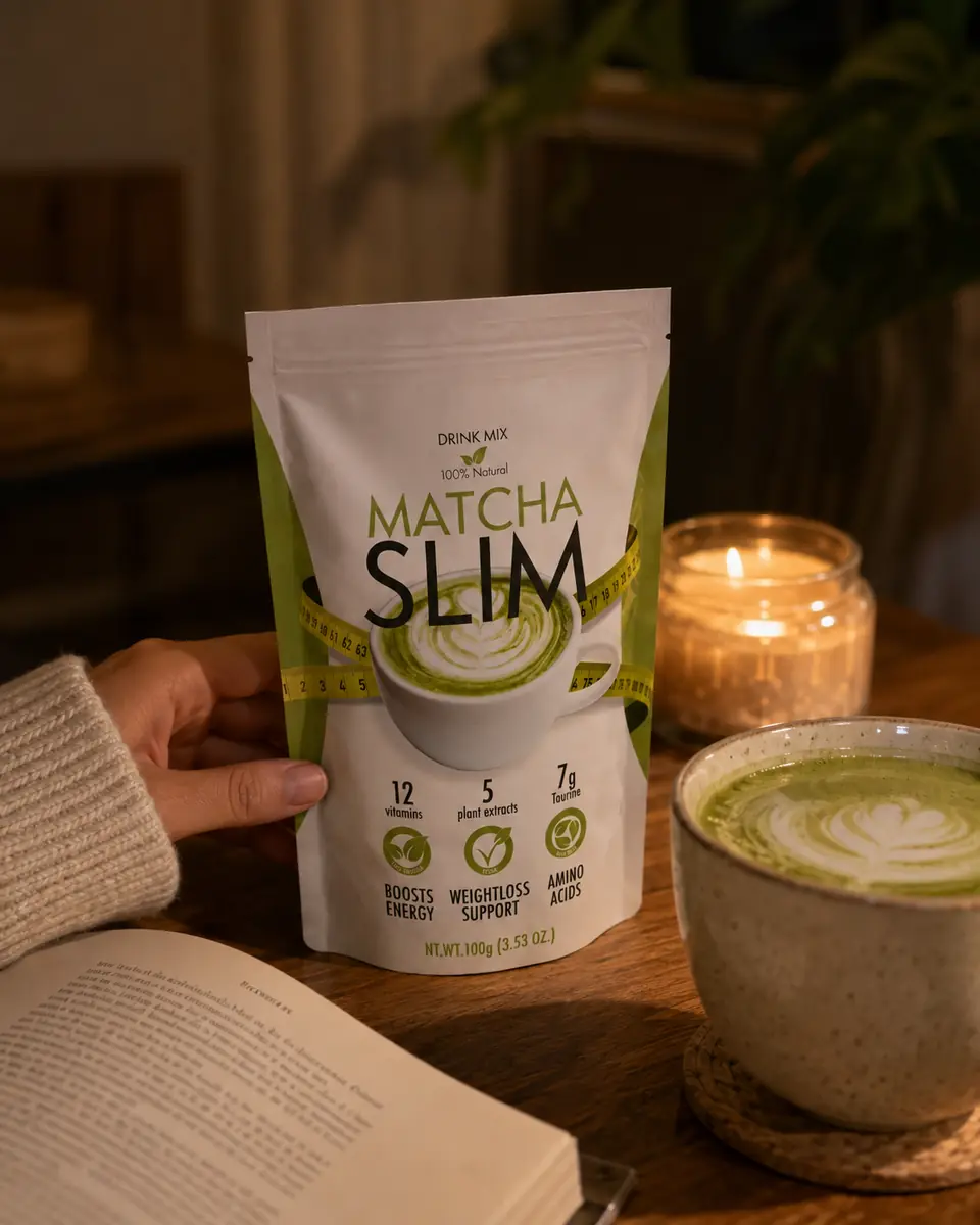 Pachet Matcha Slim lângă o cană cu băutură preparată și o carte