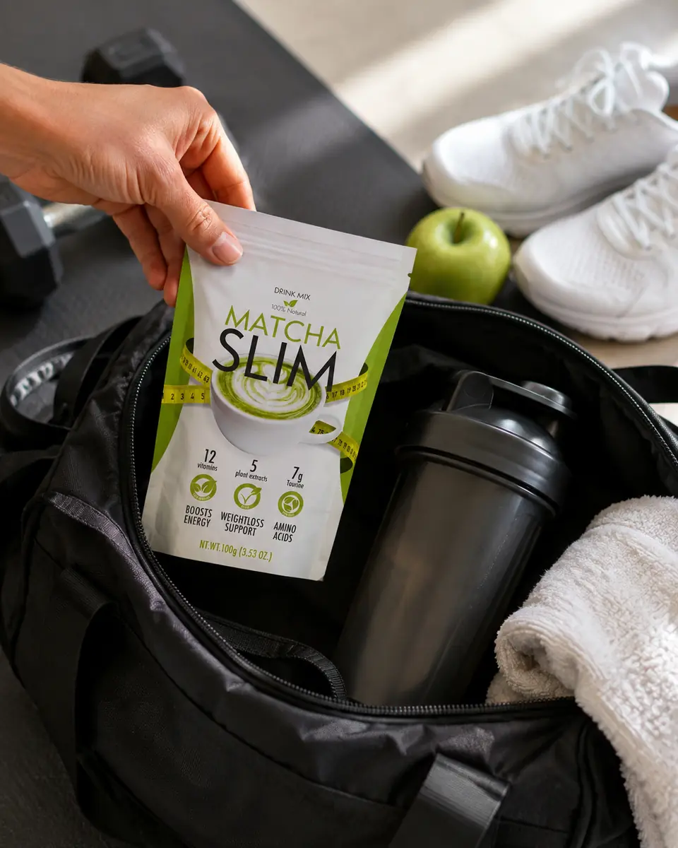 Pachet Matcha Slim într-o geantă sport, lângă shaker și prosop